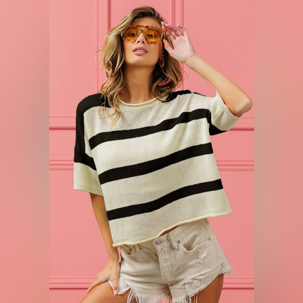 Lightweight Striped Short Sleeve Sweater Top